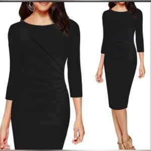 DKNY Black Ruched Pleated Ponte Knit 3/4 Sleeve Sheath Dress Size 8